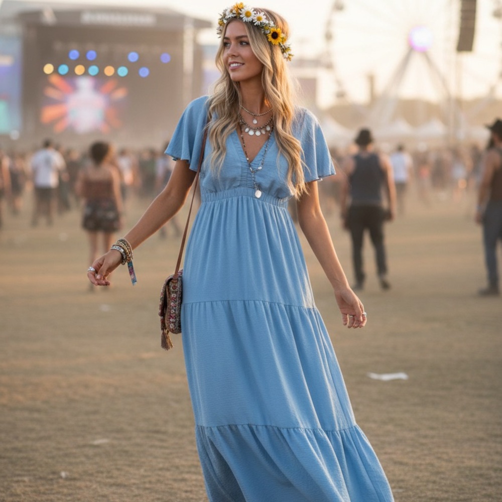 Simplee Apparel Sky Blue Crepe Flounce Sleeve Tiered Maxi Dress S Boho Festival